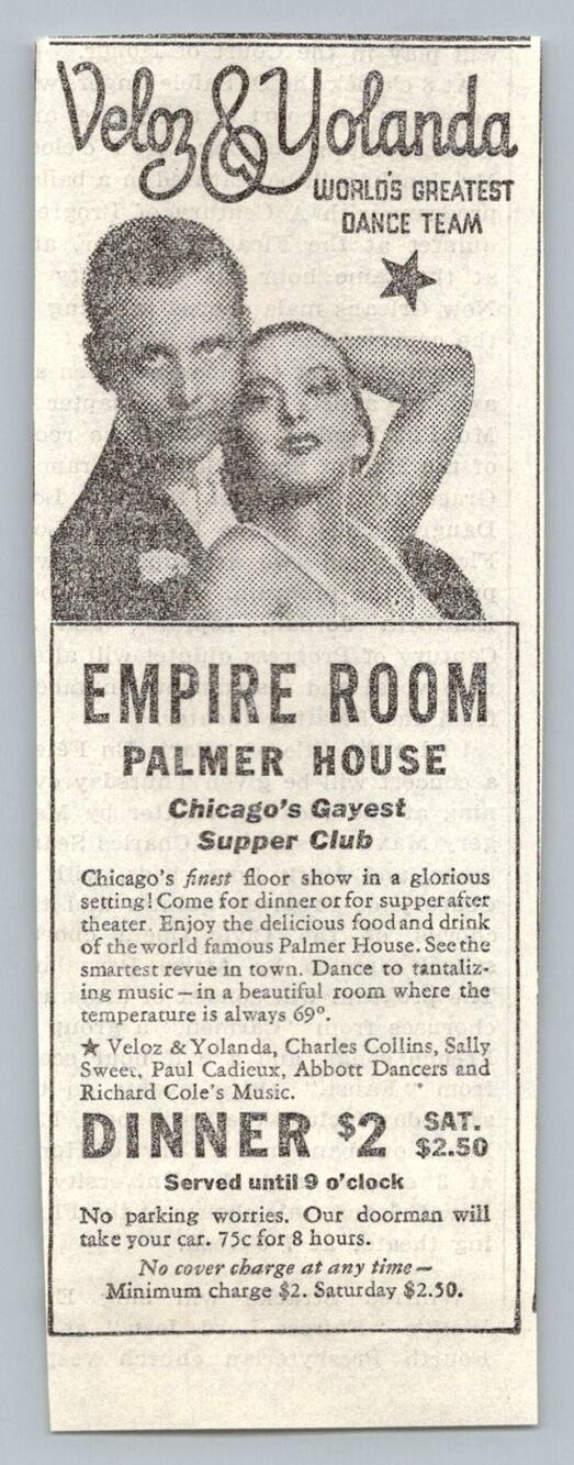 1933 Veloz & Yolanda Dance Team Chicago Palmer House Empire Room 1930s Ephemera